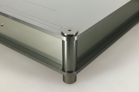 Front right corner of a used Sugden Bijou Ampmaster Power Amplifier in a silver finish