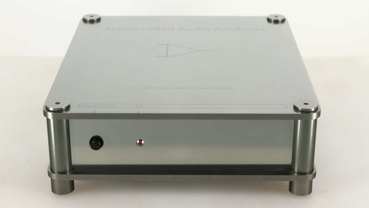 Front view of a used Sugden Bijou Ampmaster Power Amplifier in a silver finish