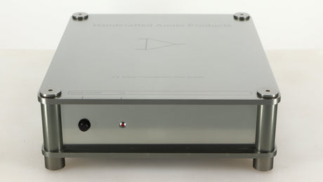 Front view of a used Sugden Bijou Ampmaster Power Amplifier in a silver finish