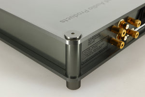 Rear right corner of a used Sugden Bijou Ampmaster Power Amplifier in a silver finish