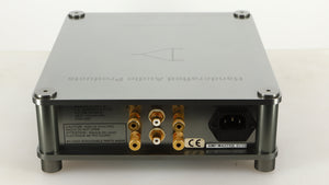 Rear view of a used Sugden Bijou Ampmaster Power Amplifier in a silver finish showing Phono Inputs and Mains Input