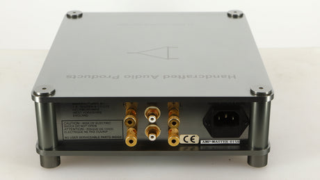 Rear view of a used Sugden Bijou Ampmaster Power Amplifier in a silver finish showing Phono Inputs and Mains Input