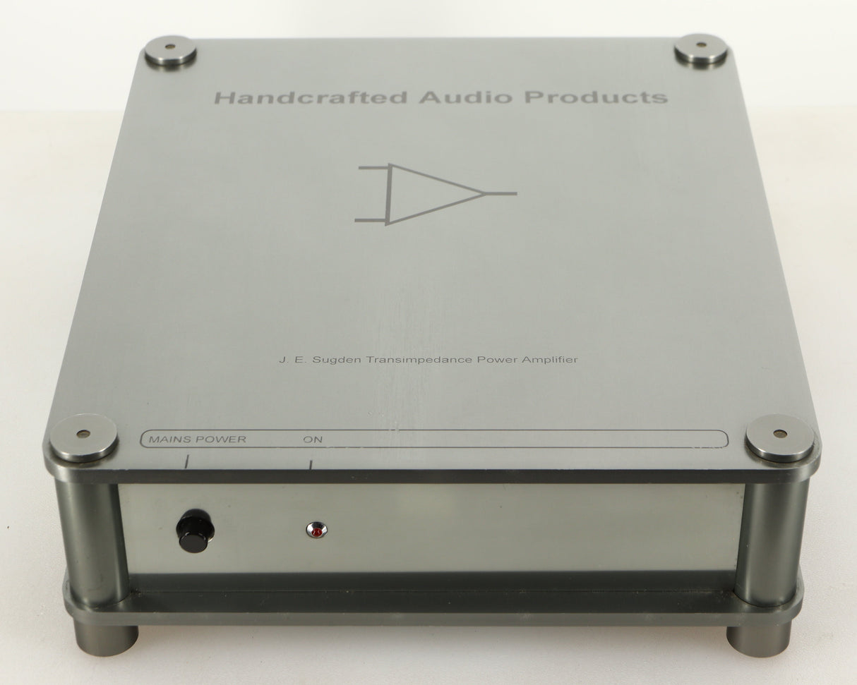 Top of a used Sugden Bijou Ampmaster Power Amplifier in a silver finish