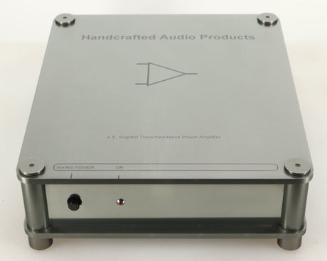 Top of a used Sugden Bijou Ampmaster Power Amplifier in a silver finish