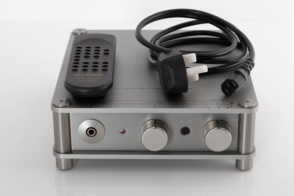 Front view of a used Sugden Headmaster Class A Headphone / Pre Amplifier with mains cable, and remote 