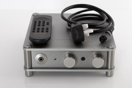 Front view of a used Sugden Headmaster Class A Headphone / Pre Amplifier with mains cable, and remote 