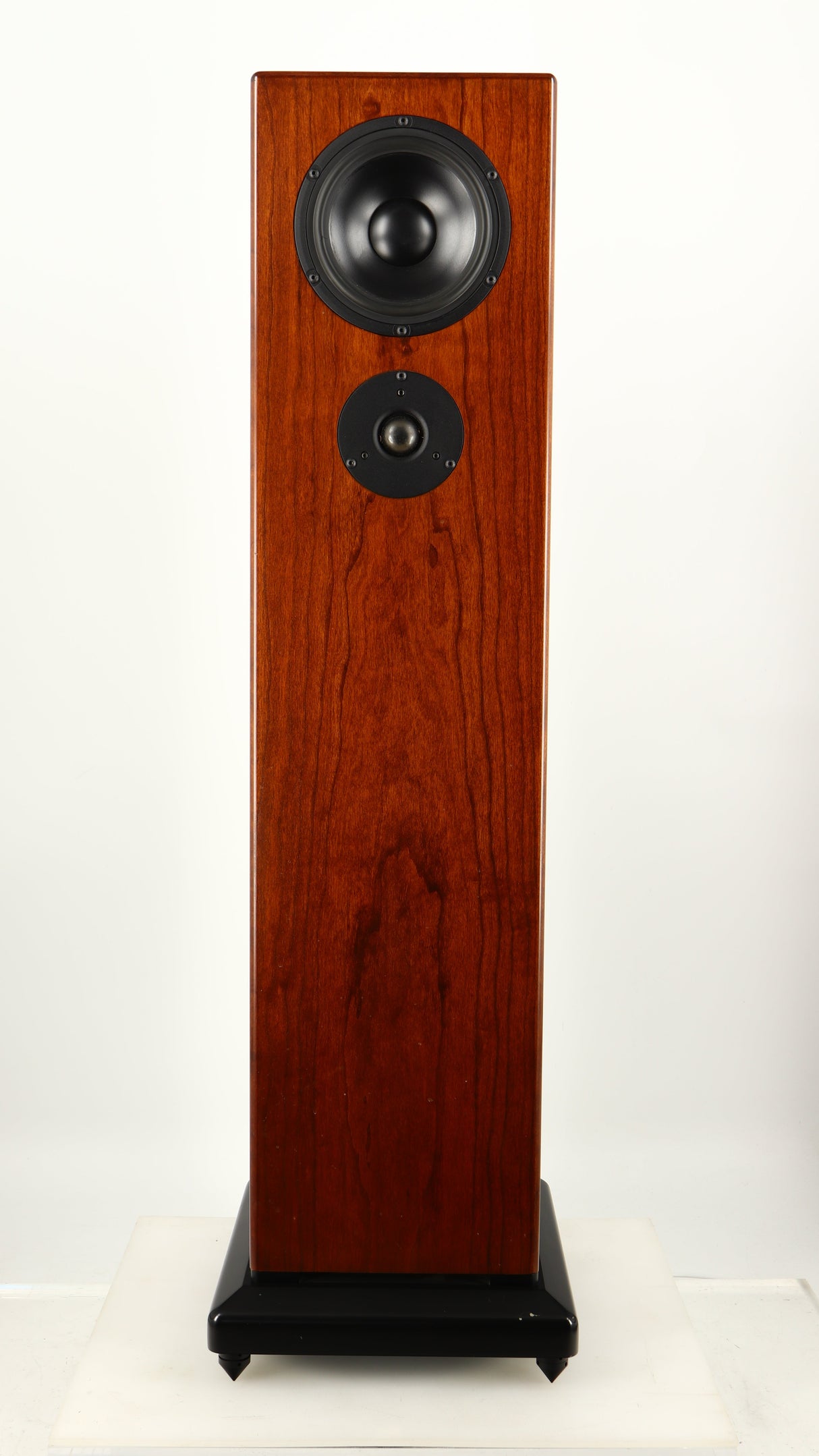 Front view of a used Sugden LS-21 Floorstanding Speaker in a dark cherry finish