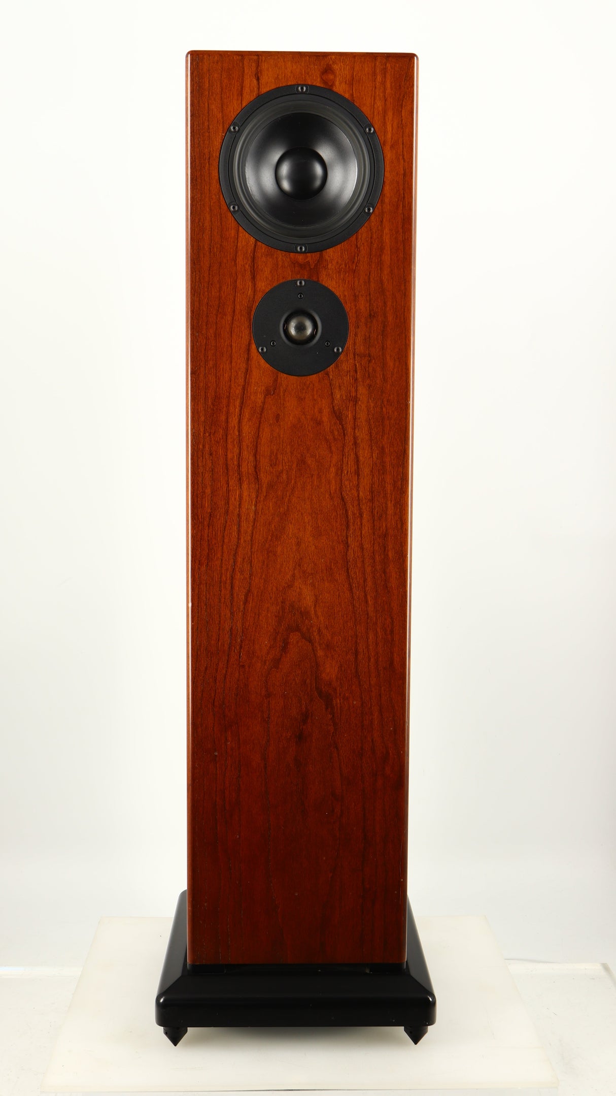 Front view of a used Sugden LS-21 Floorstanding Speaker in a dark cherry finish