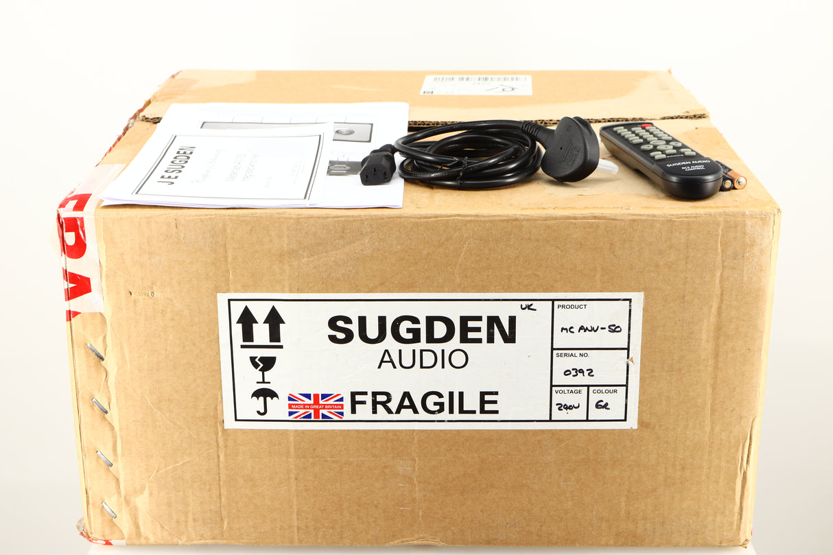 Box for a used Sugden Masterclass ANV-50 Integrated Amplifier in a graphite finish showing Remote, 2x Batteries, Mains Cable, Manual and Certificate Of Authenticity