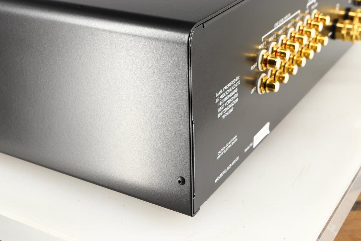 Rear right corner of a used Sugden Masterclass ANV-50 Integrated Amplifier in a graphite finish