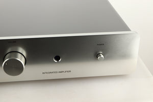 Close up view of a used Sugden Mystro Integrated Amplifier in Titanium finish