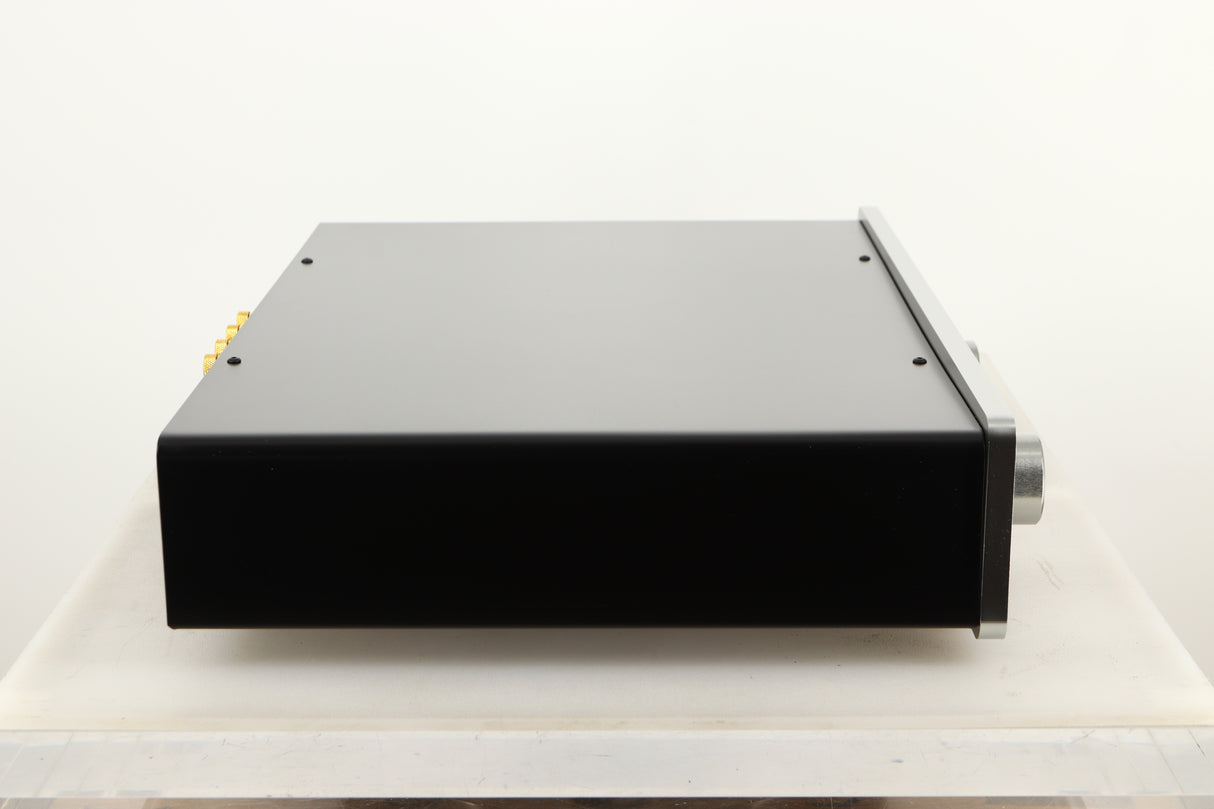 Side view of a used Sugden Mystro Integrated Amplifier in Titanium finish