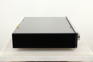 Side view of a used Sugden Mystro Integrated Amplifier in Titanium finish