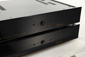 Close up view of a used pair of Sugden Symetra Monoblock Power Amplifiers