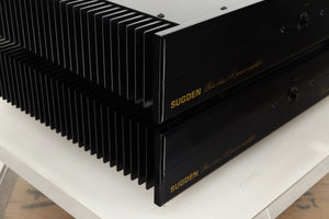 Front left corner view of a used pair of Sugden Symetra Monoblock Power Amplifiers