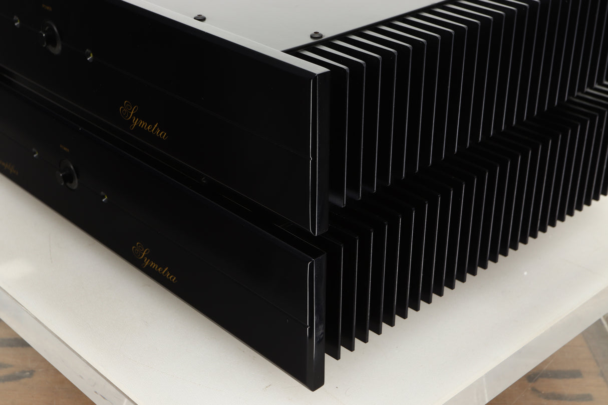 Front right corner view of a used pair of Sugden Symetra Monoblock Power Amplifiers
