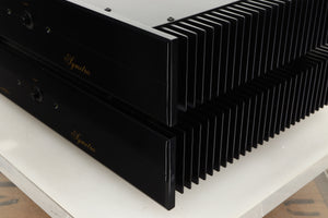 Front right corner view of a used pair of Sugden Symetra Monoblock Power Amplifiers