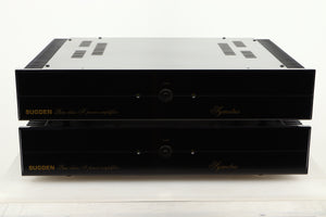 Front view of a used pair of Sugden Symetra Monoblock Power Amplifiers