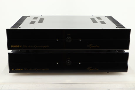 Front view of a used pair of Sugden Symetra Monoblock Power Amplifiers