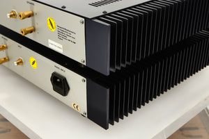 Rear right corner view of a used pair of Sugden Symetra Monoblock Power Amplifiers