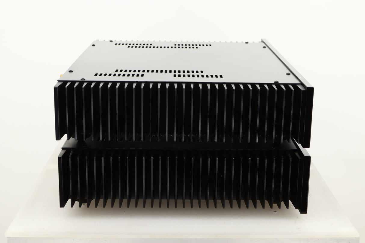 Side view of a used pair of Sugden Symetra Monoblock Power Amplifiers