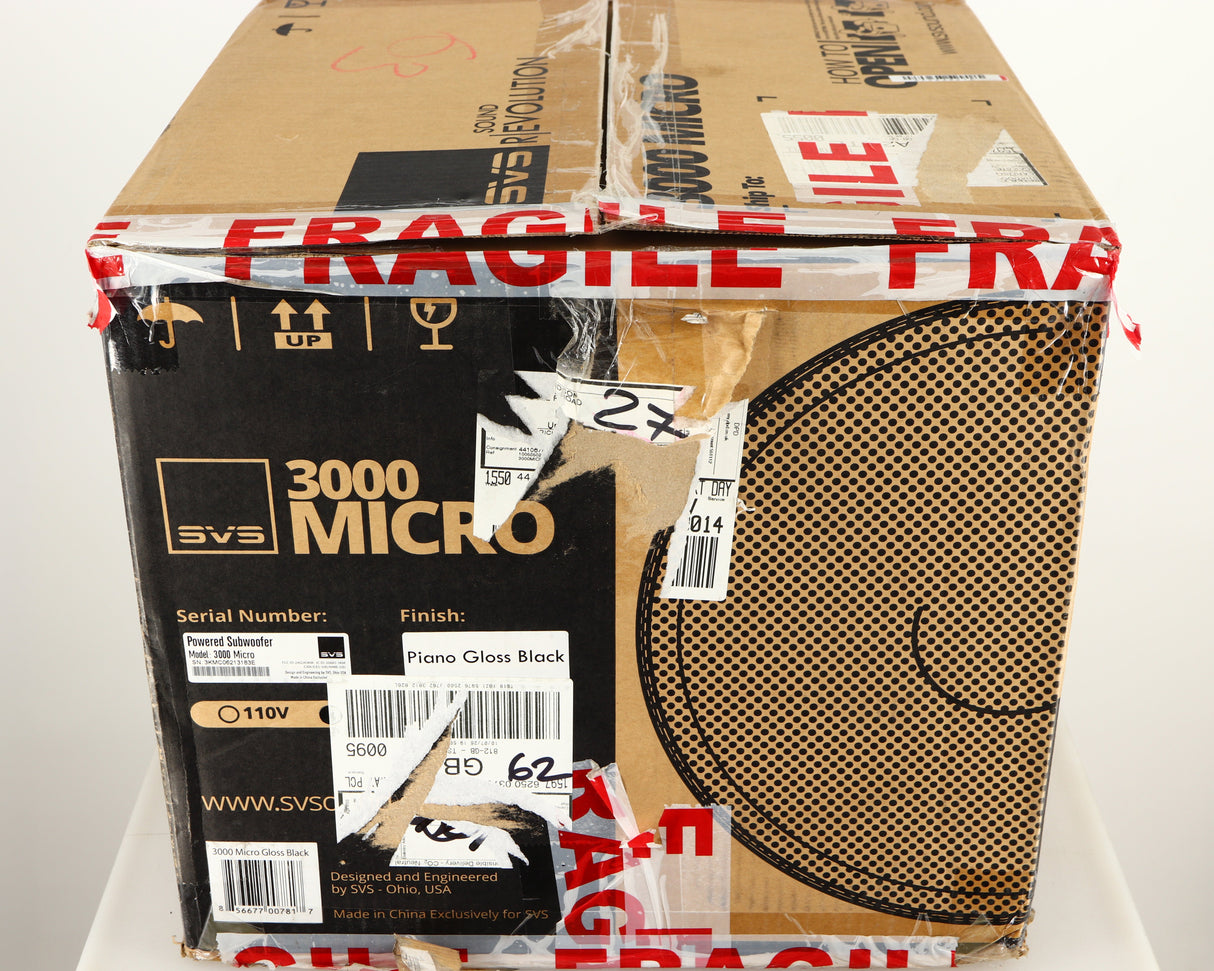 Box for a used SVS-3000 Micro Subwoofer W/ Wireless Kit in a piano black finish