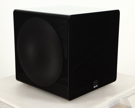 Front left corner of a used SVS-3000 Micro Subwoofer W/ Wireless Kit in a piano black finish