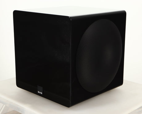 Front right corner of a used SVS-3000 Micro Subwoofer W/ Wireless Kit in a piano black finish