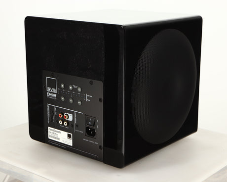Rear left corner of a used SVS-3000 Micro Subwoofer W/ Wireless Kit in a piano black finish