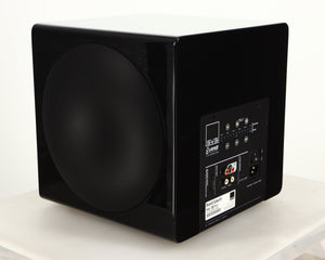 Rear right corner of a used SVS-3000 Micro Subwoofer W/ Wireless Kit in a piano black finish