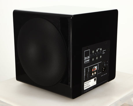 Rear right corner of a used SVS-3000 Micro Subwoofer W/ Wireless Kit in a piano black finish