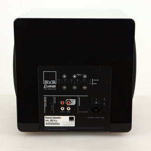 Rear view of a used SVS-3000 Micro Subwoofer W/ Wireless Kit in a piano black finish showing Mains Input, Phono Inputs, Phono Outputs and USB Input