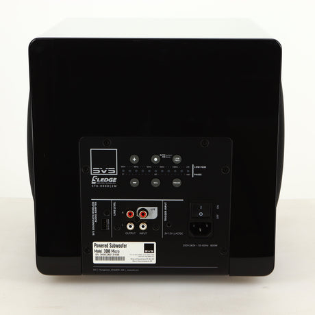 Rear view of a used SVS-3000 Micro Subwoofer W/ Wireless Kit in a piano black finish showing Mains Input, Phono Inputs, Phono Outputs and USB Input