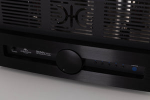 Close up of a used Synthesis Roma 753AC Valve Integrated Amplifier in a Black finish showing fascia