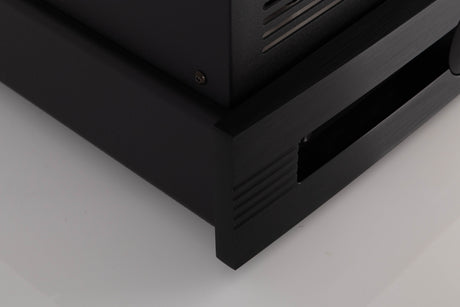 Front left corner of a used Synthesis Roma 753AC Valve Integrated Amplifier in a Black finish