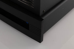 Front right corner of a used Synthesis Roma 753AC Valve Integrated Amplifier in a Black finish