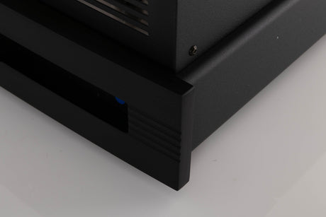 Front right corner of a used Synthesis Roma 753AC Valve Integrated Amplifier in a Black finish