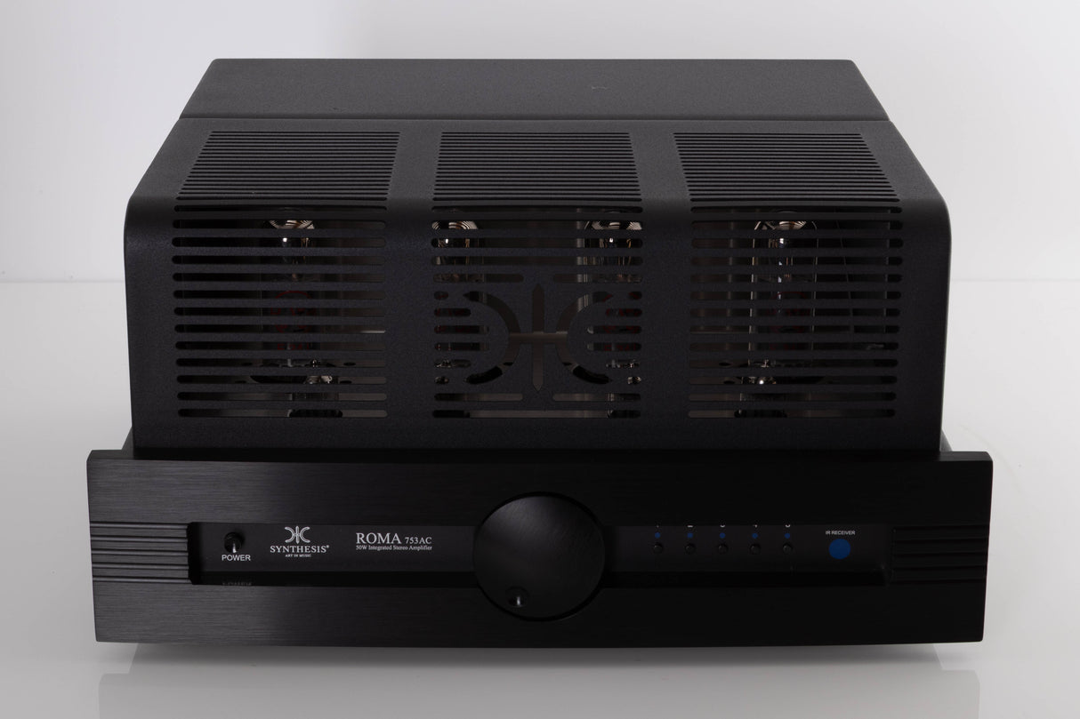 Front view of a used Synthesis Roma 753AC Valve Integrated Amplifier in a Black finish