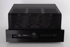 Front view of a used Synthesis Roma 753AC Valve Integrated Amplifier in a Black finish