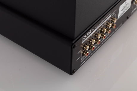 Rear right corner of a used Synthesis Roma 753AC Valve Integrated Amplifier in a Black finish