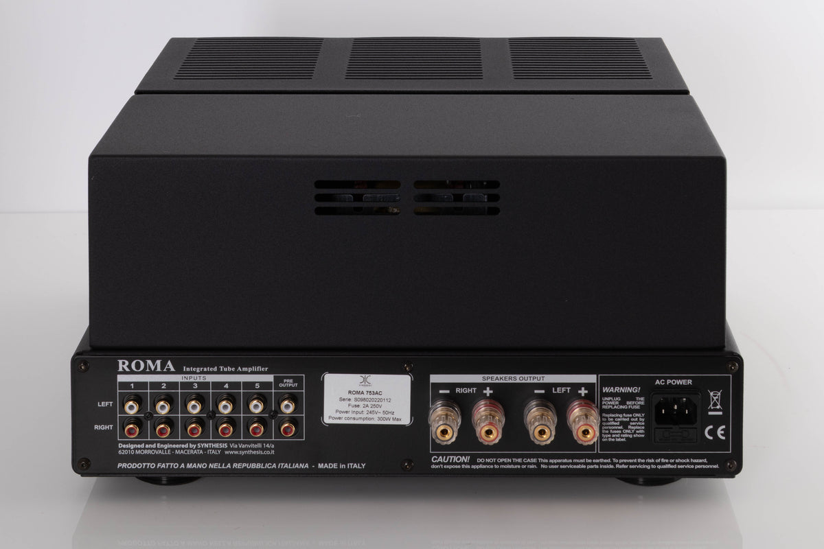 Rear view of a used Synthesis Roma 753AC Valve Integrated Amplifier in a Black finish showing Phono Inputs, Phono Outputs, Mains Input and Speaker Outputs