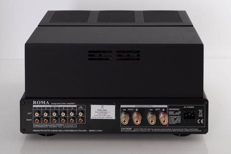 Rear view of a used Synthesis Roma 753AC Valve Integrated Amplifier in a Black finish showing Phono Inputs, Phono Outputs, Mains Input and Speaker Outputs