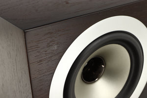 Close up of a used Tannoy Revolution DC4LCR Centre Speaker in an espresso finish showing scratch on fascia