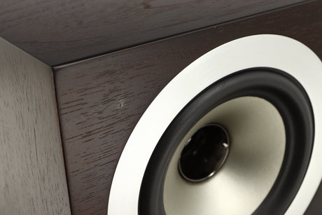 Close up of a used Tannoy Revolution DC4LCR Centre Speaker in an espresso finish showing scratch on fascia