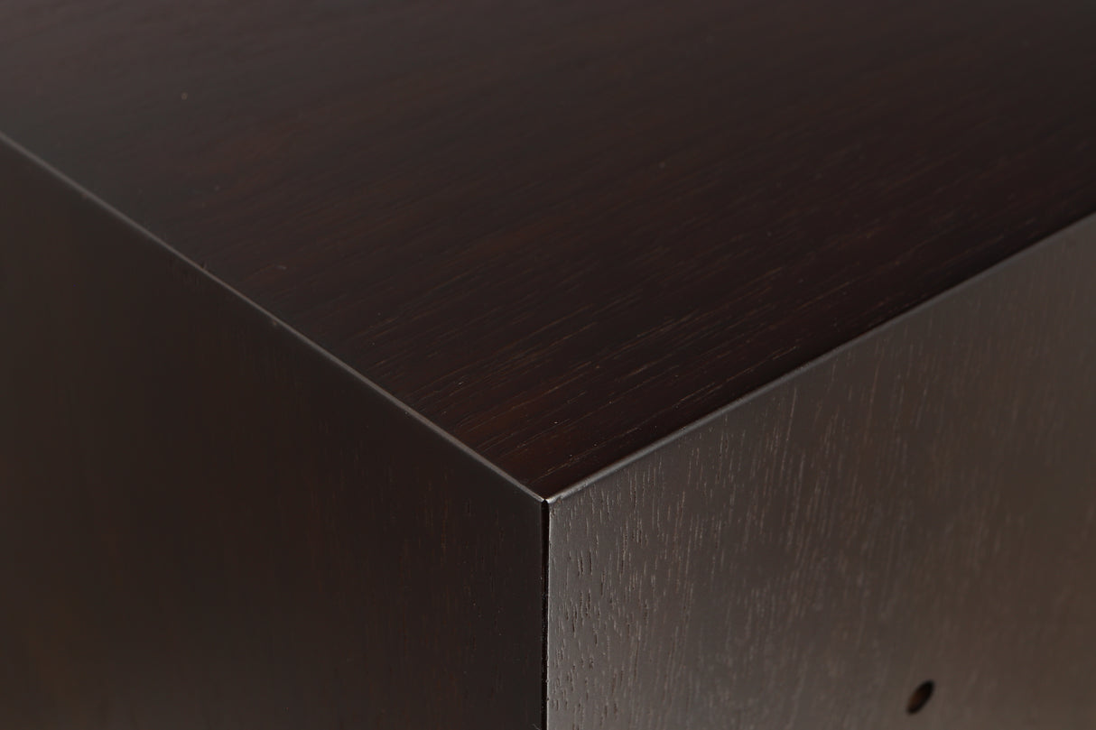 Close up of a used Tannoy Revolution DC6SE Standmount Speaker in an espresso finish showing scratching on top