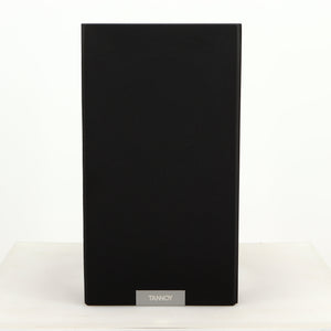 Front view of a used Tannoy Revolution DC6SE Standmount Speaker in an espresso finish showing Grille