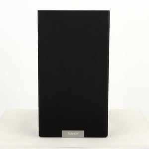 Front view of a used Tannoy Revolution DC6SE Standmount Speaker in an espresso finish showing Grille