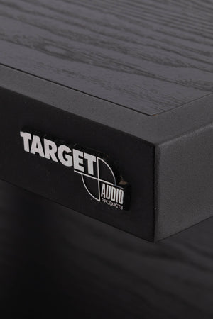 Close up of a used Target 3 Shelf Hifi Stand W/ Castors in a Black finish showing logo