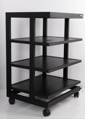 Front left corner of a used Target 3 Shelf Hifi Stand W/ Castors in a Black finish