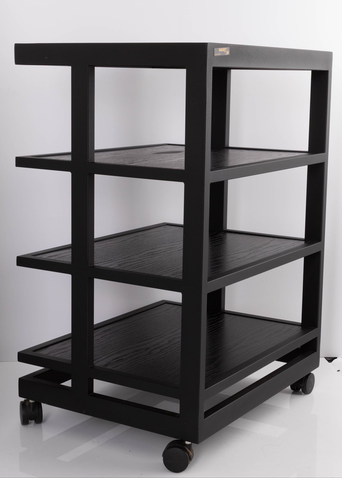 Rear right corner of a used Target 3 Shelf Hifi Stand W/ Castors in a Black finish